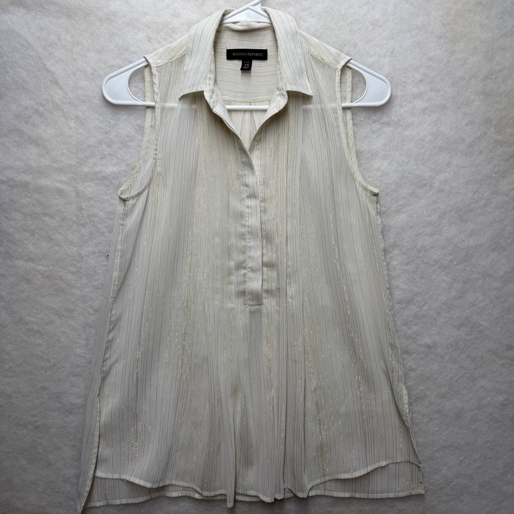 Banana Republic Sleeveless Collared Blouse Size XS Metallic Stripes Semi Sheer